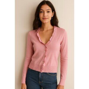 Chaps Pink Ruffle Cardigan Cotton Sweater Button Lightweight Medium Romantic